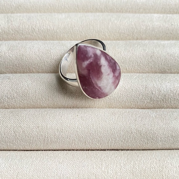 925 Sterling Silver Large Rhodochrosite Gemstone Teardrop  Ring - Picture 11 of 16